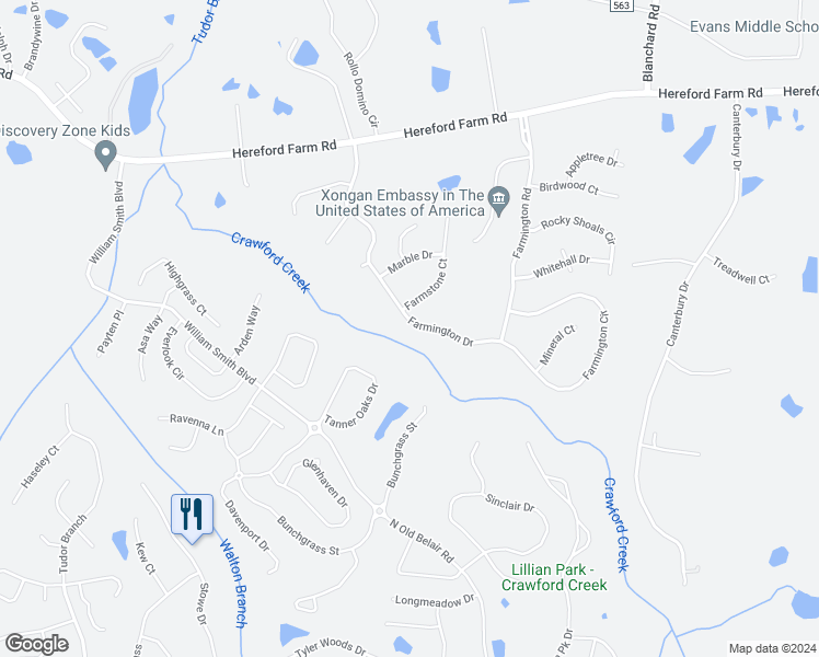 map of restaurants, bars, coffee shops, grocery stores, and more near 317 Farmington Drive in Evans