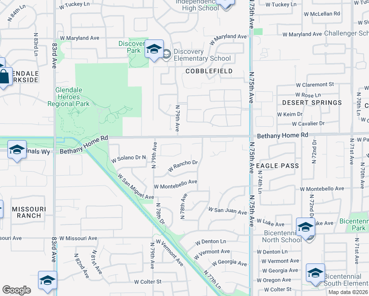 map of restaurants, bars, coffee shops, grocery stores, and more near 7811 West Solano Drive in Glendale