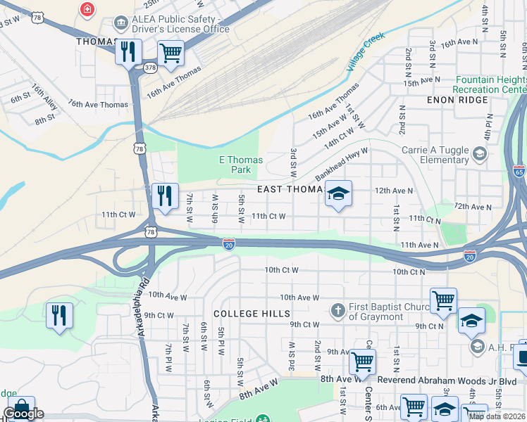 map of restaurants, bars, coffee shops, grocery stores, and more near 401 11th Court West in Birmingham