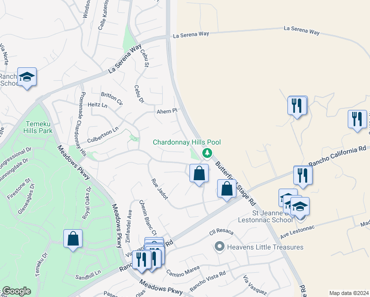 map of restaurants, bars, coffee shops, grocery stores, and more near 31970 Cercle Chambertin in Temecula
