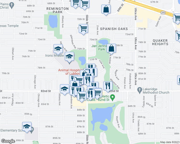 map of restaurants, bars, coffee shops, grocery stores, and more near 7805 Slide Road in Lubbock
