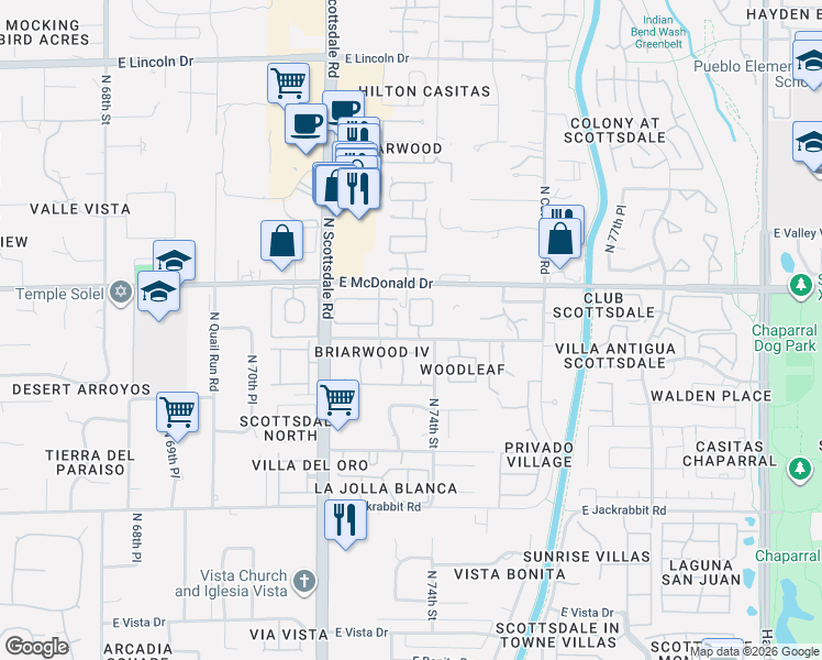 map of restaurants, bars, coffee shops, grocery stores, and more near 7330 East Palo Verde Drive in Scottsdale