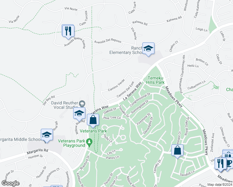 map of restaurants, bars, coffee shops, grocery stores, and more near 31074 Camino Del Este in Temecula