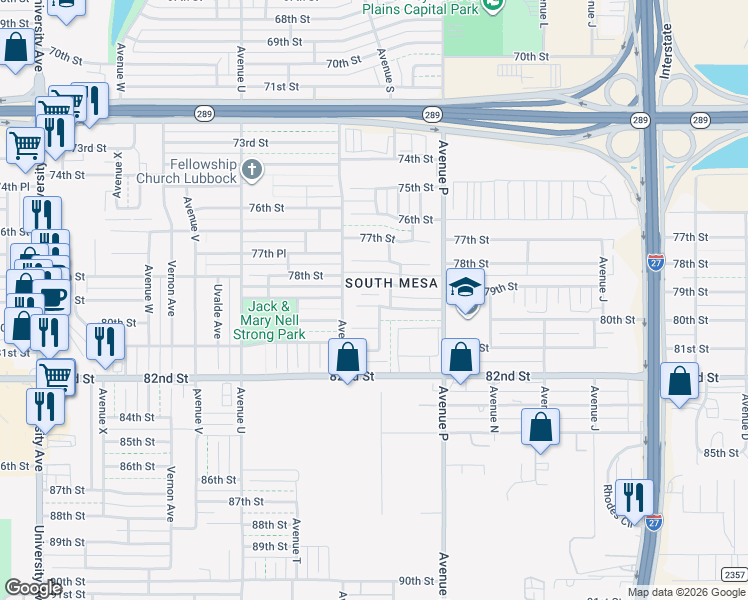 map of restaurants, bars, coffee shops, grocery stores, and more near 1805 79th Place in Lubbock