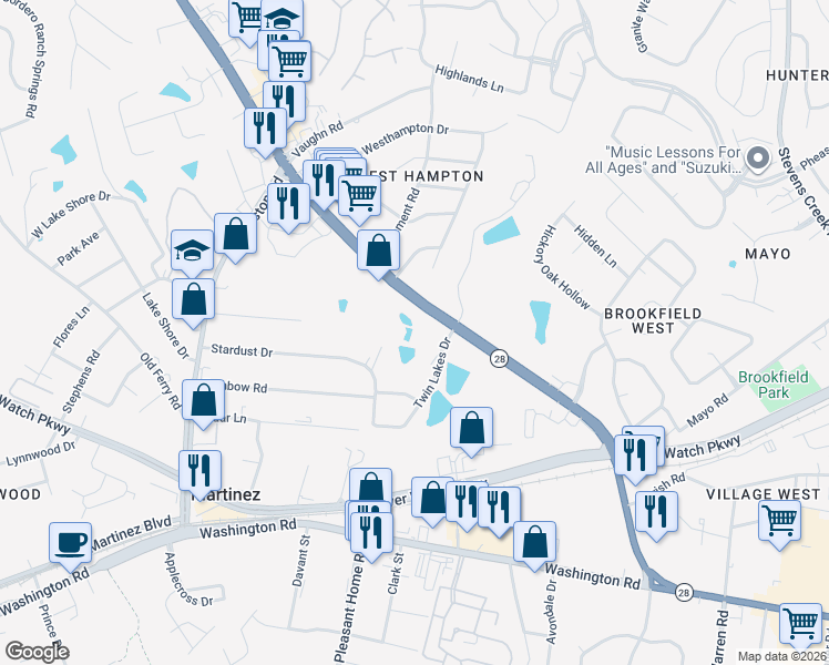 map of restaurants, bars, coffee shops, grocery stores, and more near 323 Sally Drive in Martinez