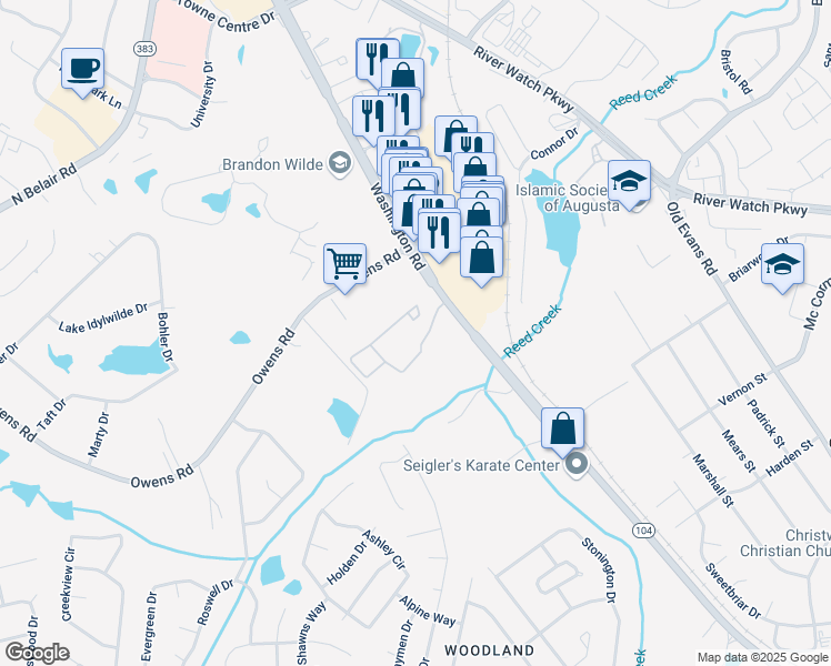 map of restaurants, bars, coffee shops, grocery stores, and more near 627 Thoroughbred Lane in Evans