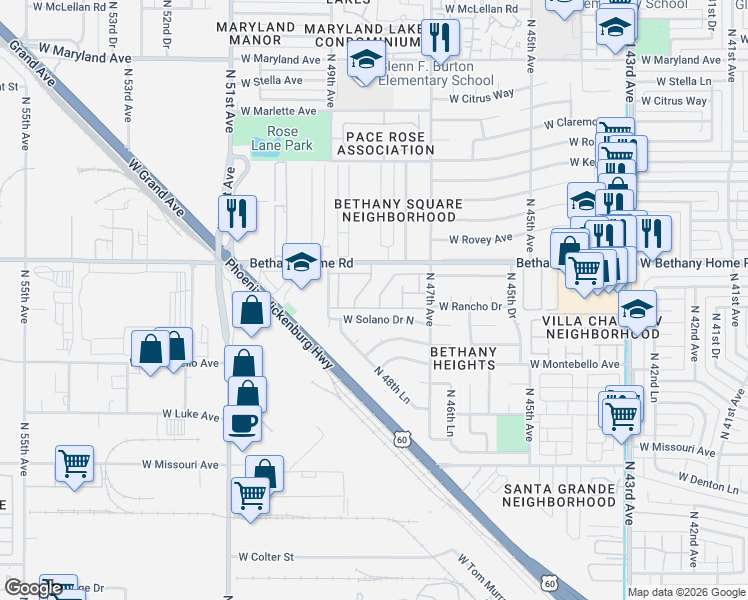 map of restaurants, bars, coffee shops, grocery stores, and more near 4808 West Solano Drive North in Glendale