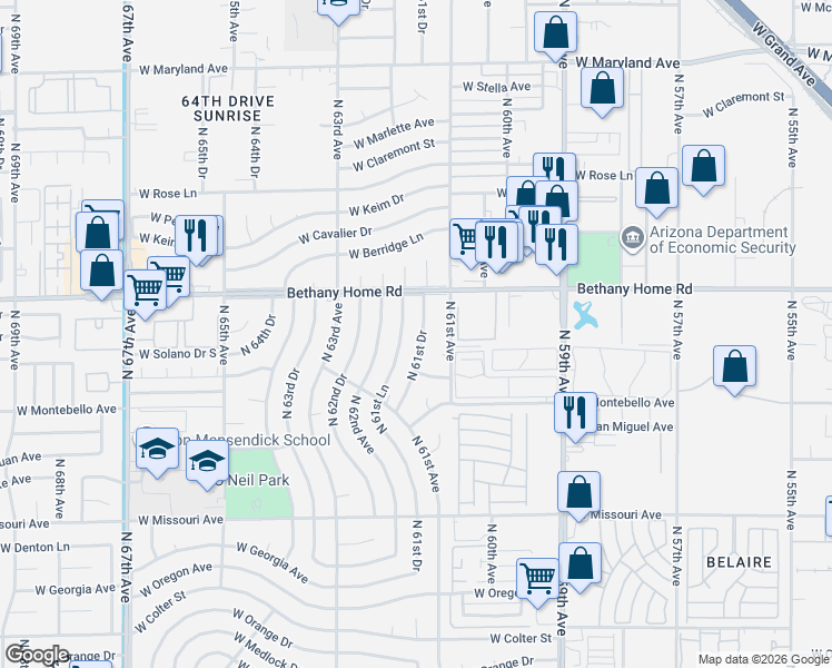 map of restaurants, bars, coffee shops, grocery stores, and more near 5747 North 61st Lane in Glendale