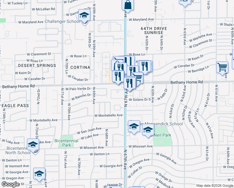 map of restaurants, bars, coffee shops, grocery stores, and more near 5751 North 67th Drive in Glendale