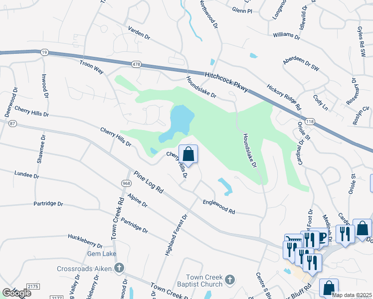 map of restaurants, bars, coffee shops, grocery stores, and more near 17 Spyglass Drive in Aiken