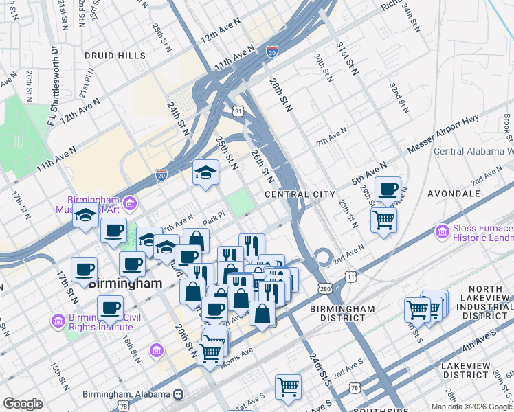 map of restaurants, bars, coffee shops, grocery stores, and more near 526 25th Street North in Birmingham