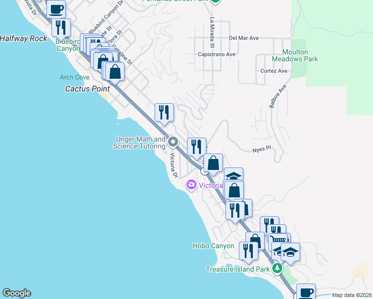 map of restaurants, bars, coffee shops, grocery stores, and more near 2785 Solana Way in Laguna Beach