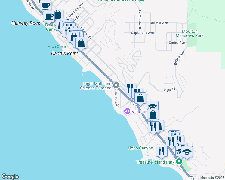 map of restaurants, bars, coffee shops, grocery stores, and more near 151 Rockledge Terrace in Laguna Beach