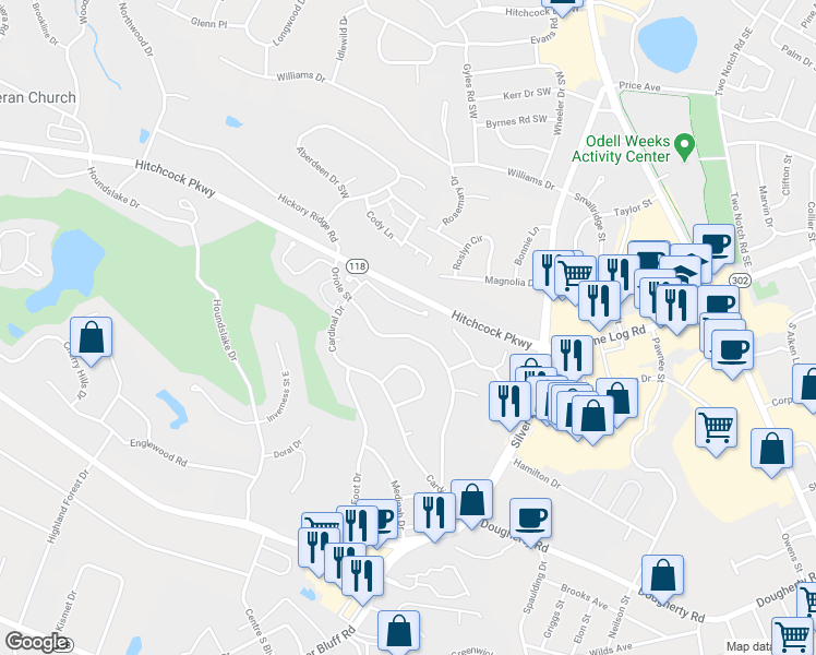 map of restaurants, bars, coffee shops, grocery stores, and more near 712 Oriole Street in Aiken