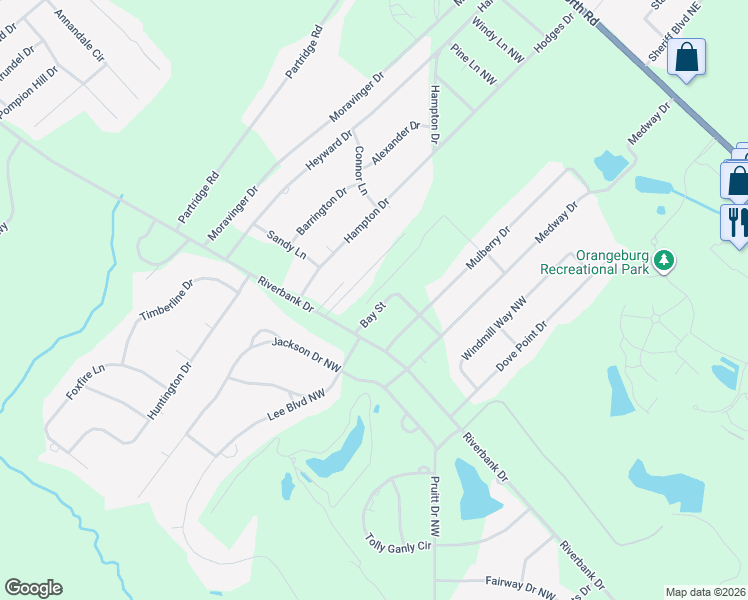 map of restaurants, bars, coffee shops, grocery stores, and more near 937-961 Bay Dr in Orangeburg