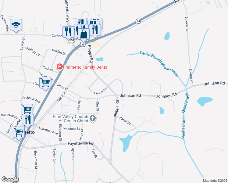 map of restaurants, bars, coffee shops, grocery stores, and more near Phipps Road in Palmetto