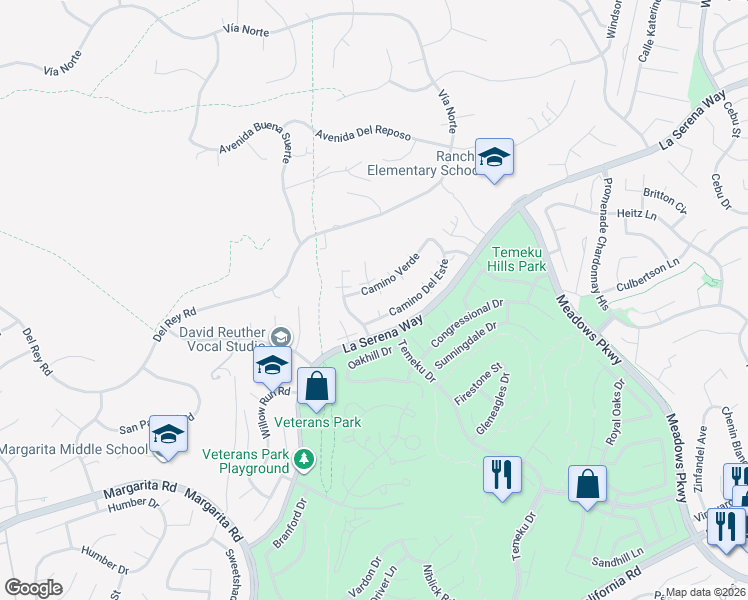 map of restaurants, bars, coffee shops, grocery stores, and more near 31017 Camino Verde in Temecula