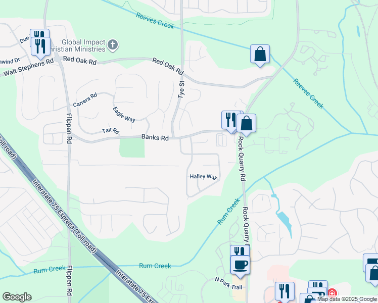 map of restaurants, bars, coffee shops, grocery stores, and more near 222 Summer Hill Circle in Stockbridge