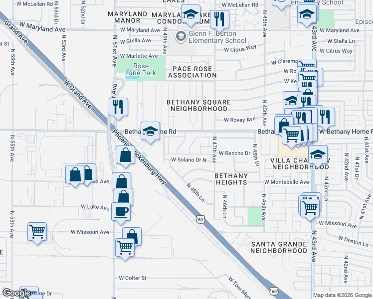 map of restaurants, bars, coffee shops, grocery stores, and more near 4808 West Solano Drive North in Glendale