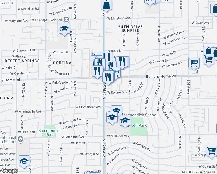 map of restaurants, bars, coffee shops, grocery stores, and more near 5821 North 67th Avenue in Glendale