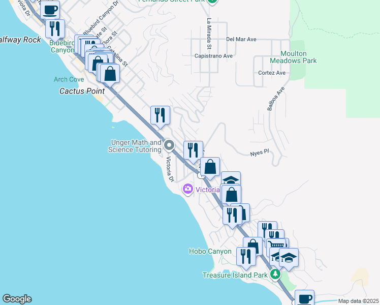 map of restaurants, bars, coffee shops, grocery stores, and more near Highland Road in Laguna Beach