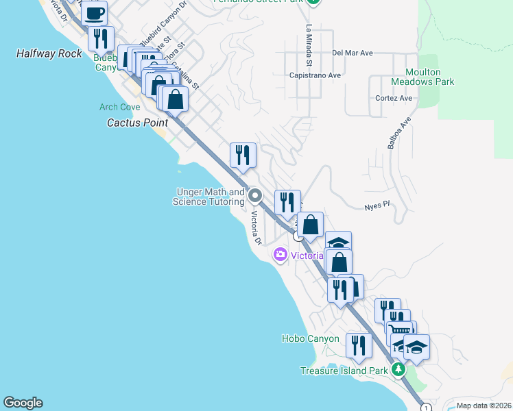 map of restaurants, bars, coffee shops, grocery stores, and more near in Laguna Beach