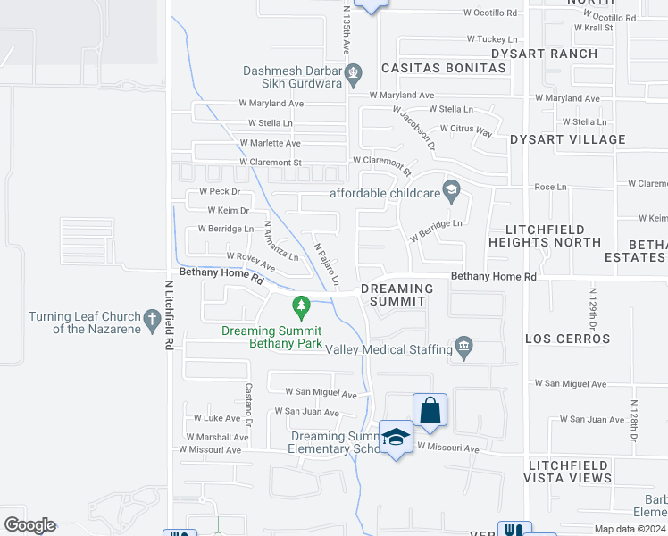 map of restaurants, bars, coffee shops, grocery stores, and more near 13517 West Rovey Court in Litchfield Park