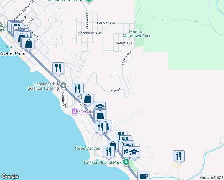 map of restaurants, bars, coffee shops, grocery stores, and more near 650 Nyes Place in Laguna Beach
