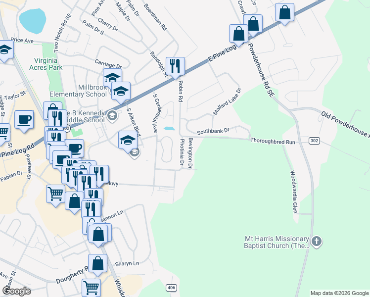 map of restaurants, bars, coffee shops, grocery stores, and more near 151 Bevington Drive in Aiken