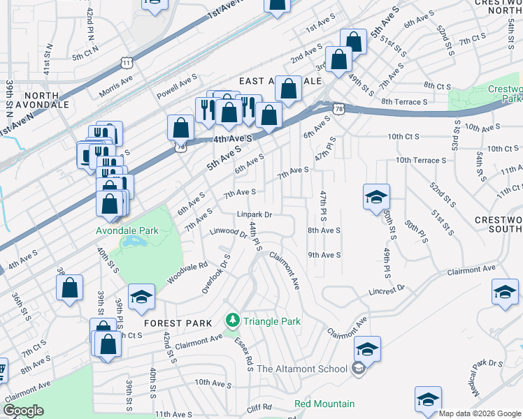 map of restaurants, bars, coffee shops, grocery stores, and more near 4501 Linpark Drive in Birmingham