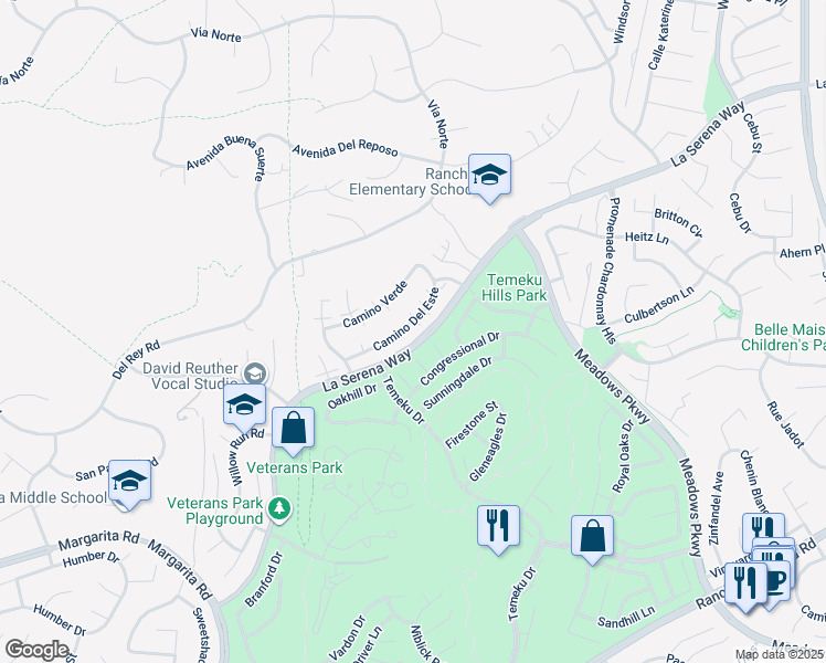 map of restaurants, bars, coffee shops, grocery stores, and more near 31133 Camino Del Este in Temecula