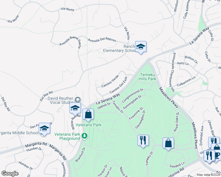 map of restaurants, bars, coffee shops, grocery stores, and more near 31074 Camino Del Este in Temecula