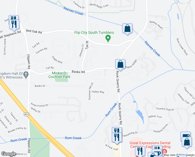 map of restaurants, bars, coffee shops, grocery stores, and more near 434 Summer Hill Circle in Stockbridge