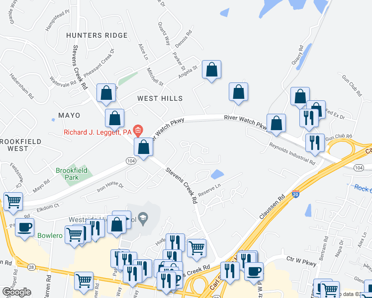 map of restaurants, bars, coffee shops, grocery stores, and more near 2600 Ridgecrest Drive in Augusta