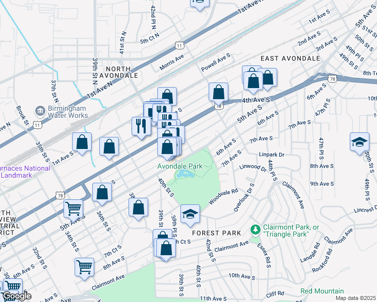 map of restaurants, bars, coffee shops, grocery stores, and more near 4110 5th Avenue South in Birmingham