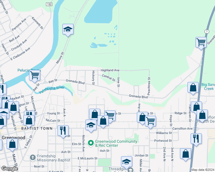map of restaurants, bars, coffee shops, grocery stores, and more near 1811 Grenada Boulevard in Greenwood