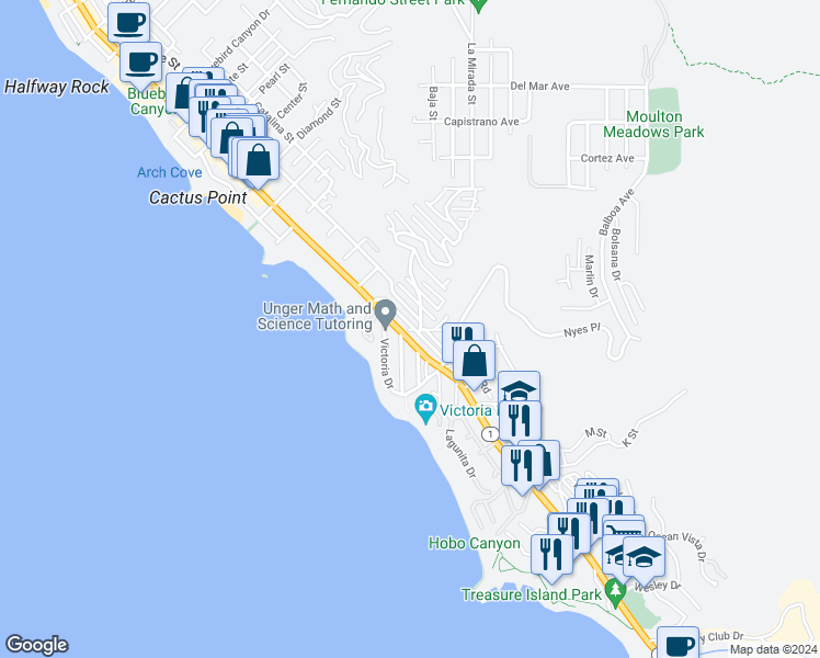 map of restaurants, bars, coffee shops, grocery stores, and more near 2699 Solana Way in Laguna Beach