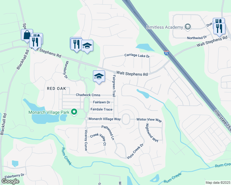 map of restaurants, bars, coffee shops, grocery stores, and more near 640 Fairgreen Trail in Stockbridge