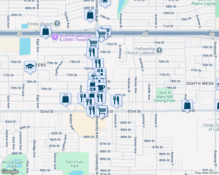 map of restaurants, bars, coffee shops, grocery stores, and more near 2320 80th Street in Lubbock