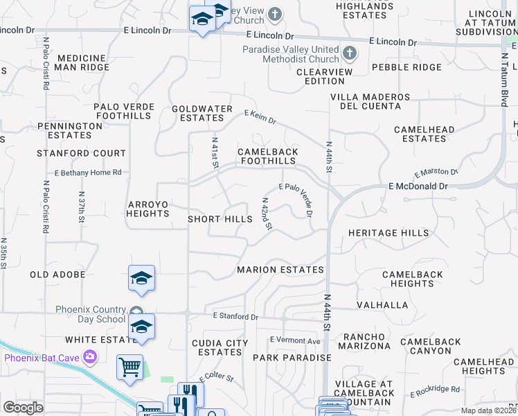map of restaurants, bars, coffee shops, grocery stores, and more near 5733 North 41st Place in Phoenix