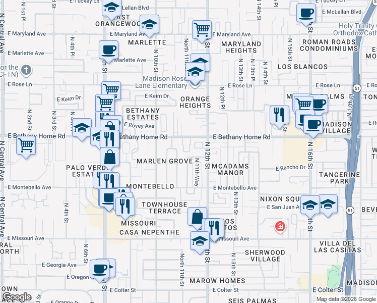 map of restaurants, bars, coffee shops, grocery stores, and more near 1131 East Palo Verde Drive in Phoenix