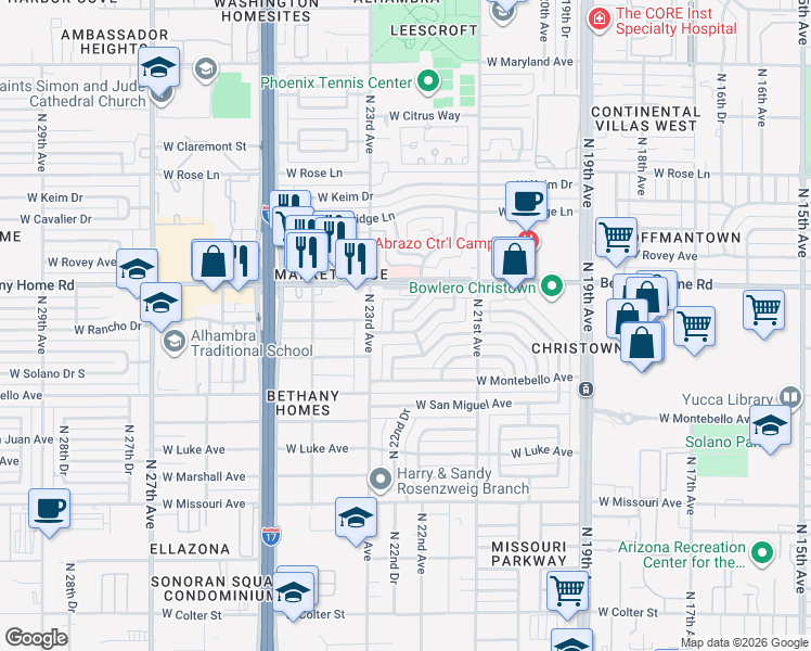 map of restaurants, bars, coffee shops, grocery stores, and more near 2218 West Rancho Drive in Phoenix