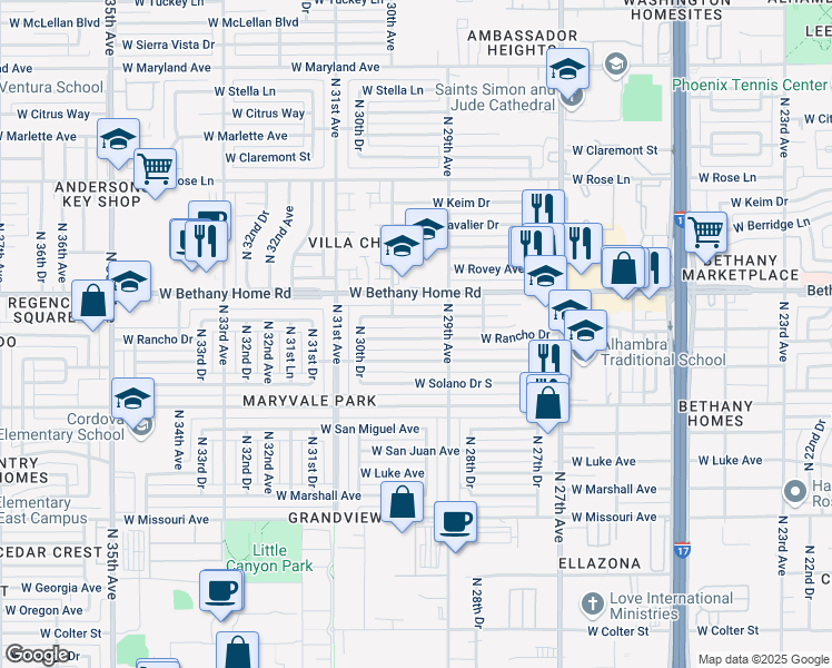 map of restaurants, bars, coffee shops, grocery stores, and more near 2920 West Solano Drive North in Phoenix