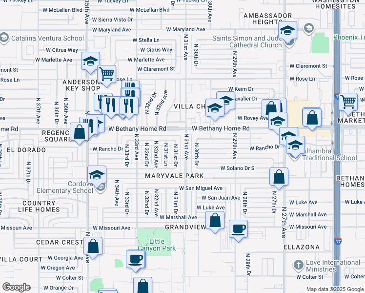 map of restaurants, bars, coffee shops, grocery stores, and more near 5736 North 31st Drive in Phoenix