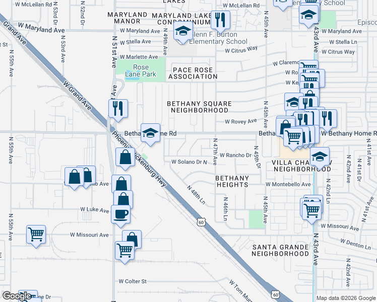 map of restaurants, bars, coffee shops, grocery stores, and more near 4808 West Solano Drive North in Glendale
