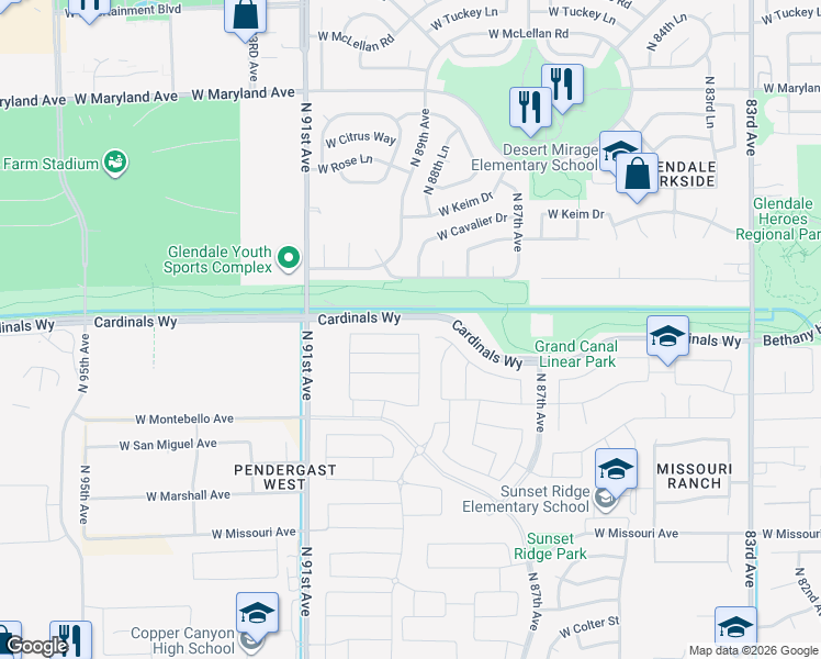 map of restaurants, bars, coffee shops, grocery stores, and more near 8908 West Bethany Heights Drive in Glendale