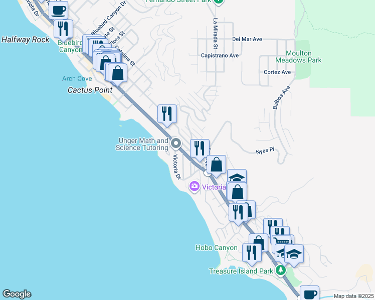 map of restaurants, bars, coffee shops, grocery stores, and more near 181 Sunset Terrace in Laguna Beach