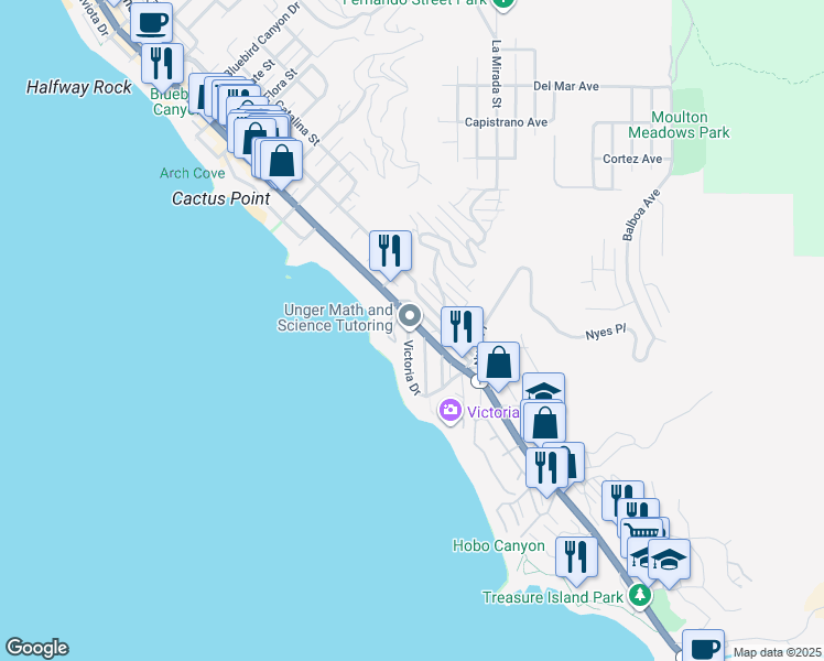 map of restaurants, bars, coffee shops, grocery stores, and more near in Laguna Beach