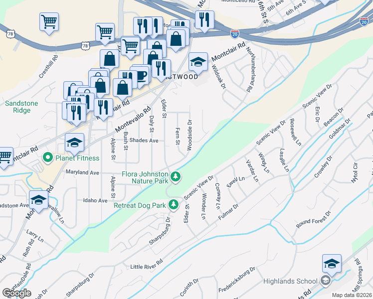 map of restaurants, bars, coffee shops, grocery stores, and more near 221 Woodside Drive in Irondale