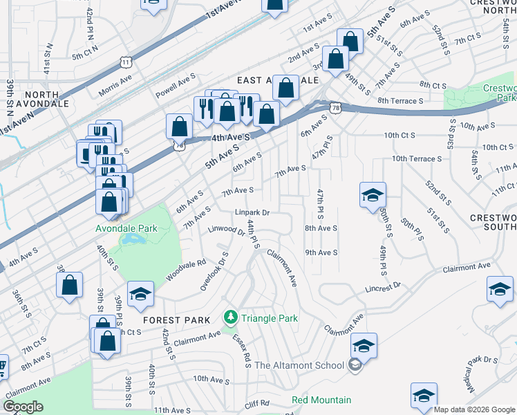 map of restaurants, bars, coffee shops, grocery stores, and more near 4501 Linpark Drive in Birmingham